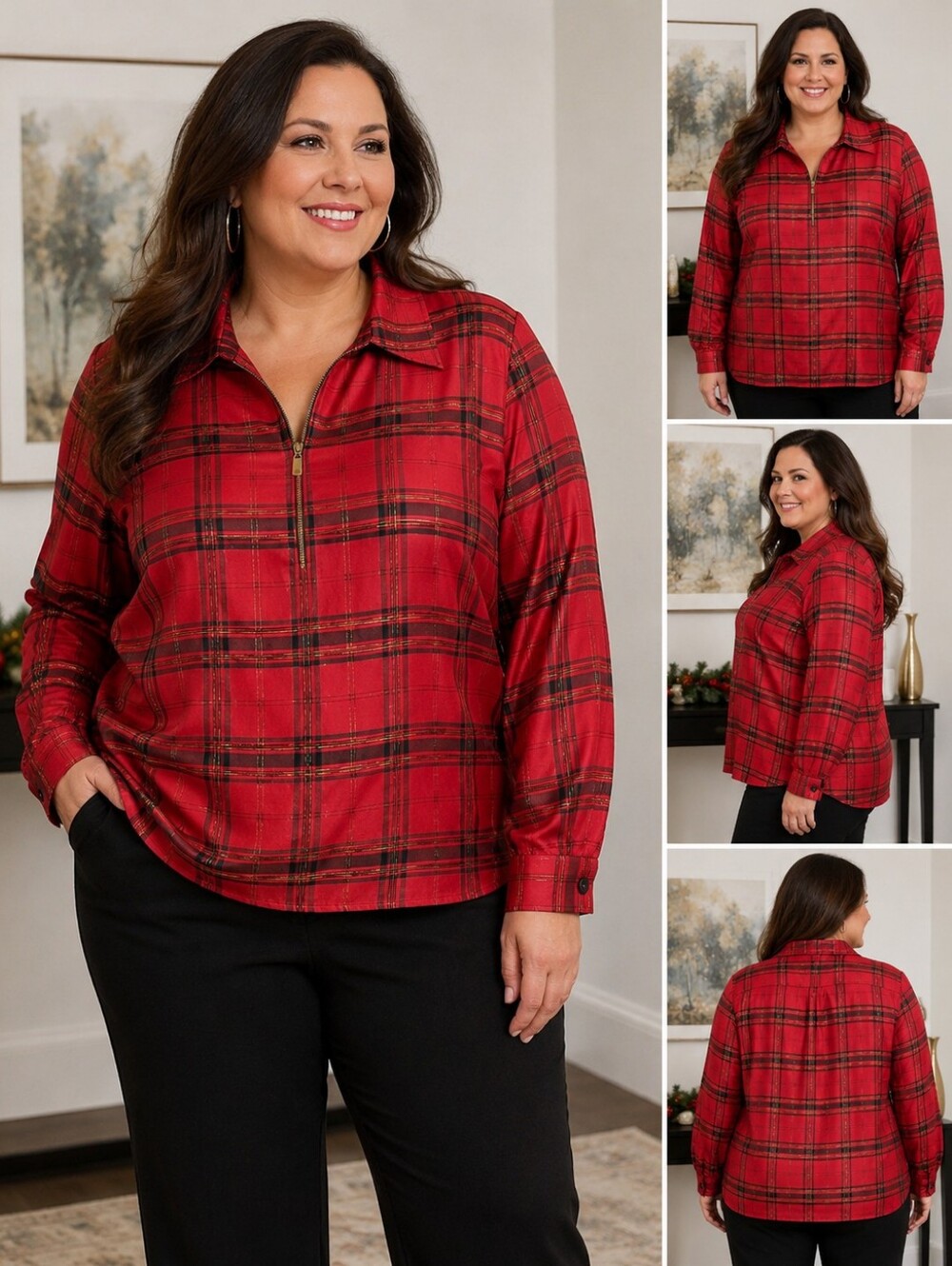 Coldwater Creek 3X Red Plaid Silk+ Blouse Gold Metallic Zip Front Holiday Unworn